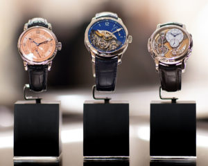 From left: 217QRS by Voutilainen, Cellini Exclusive Double Balancier á Différentiel Constant by Greubel Forsey, Logical One by Romain Gauthier