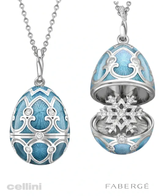 Fabergé heritage white gold diamond teal guilloche enamel snowflake surprise locket