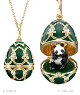 Fabergé Heritage Yellow Gold Diamond Green Guilloche Enamel Panda Surprise Locket